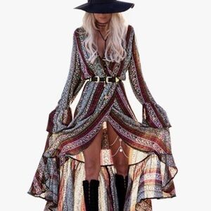 Multicolor Bohemian Wrap Maxi Dress | Boho Wrap Kimono | size S | long sleeve